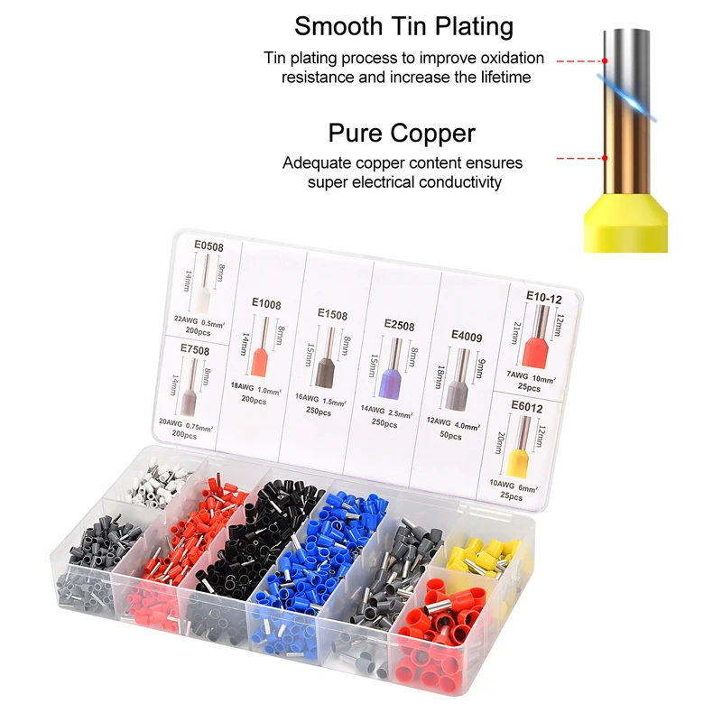 1200Pcs Wire Terminals Crimping Connectors Block Cord End Wire End Insulated Ferrules Electrical Crimp Terminator Pin Kit Set