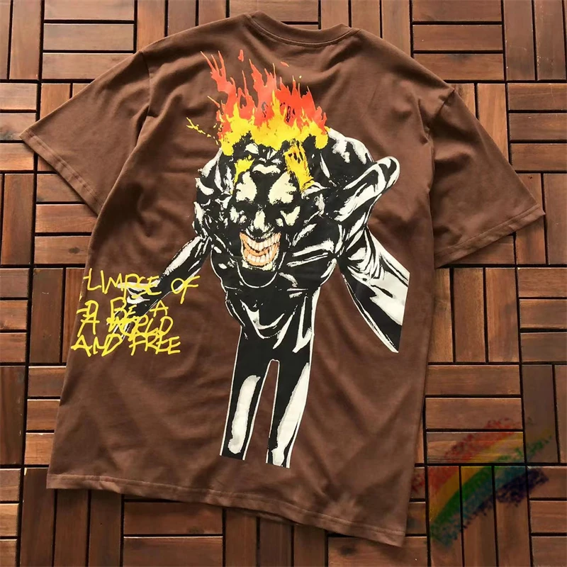 Brown Cactus Jack T Shirt Men Women Casual T-shirt Flame Monster Print Vintage Tee Top