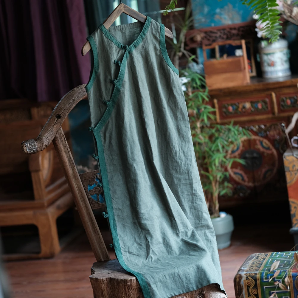 

100% Linen Women Casual Dress New 2025 Summer Chinese Style Vintage V-neck Solid Color Loose Female Casual Long Dresses M1035
