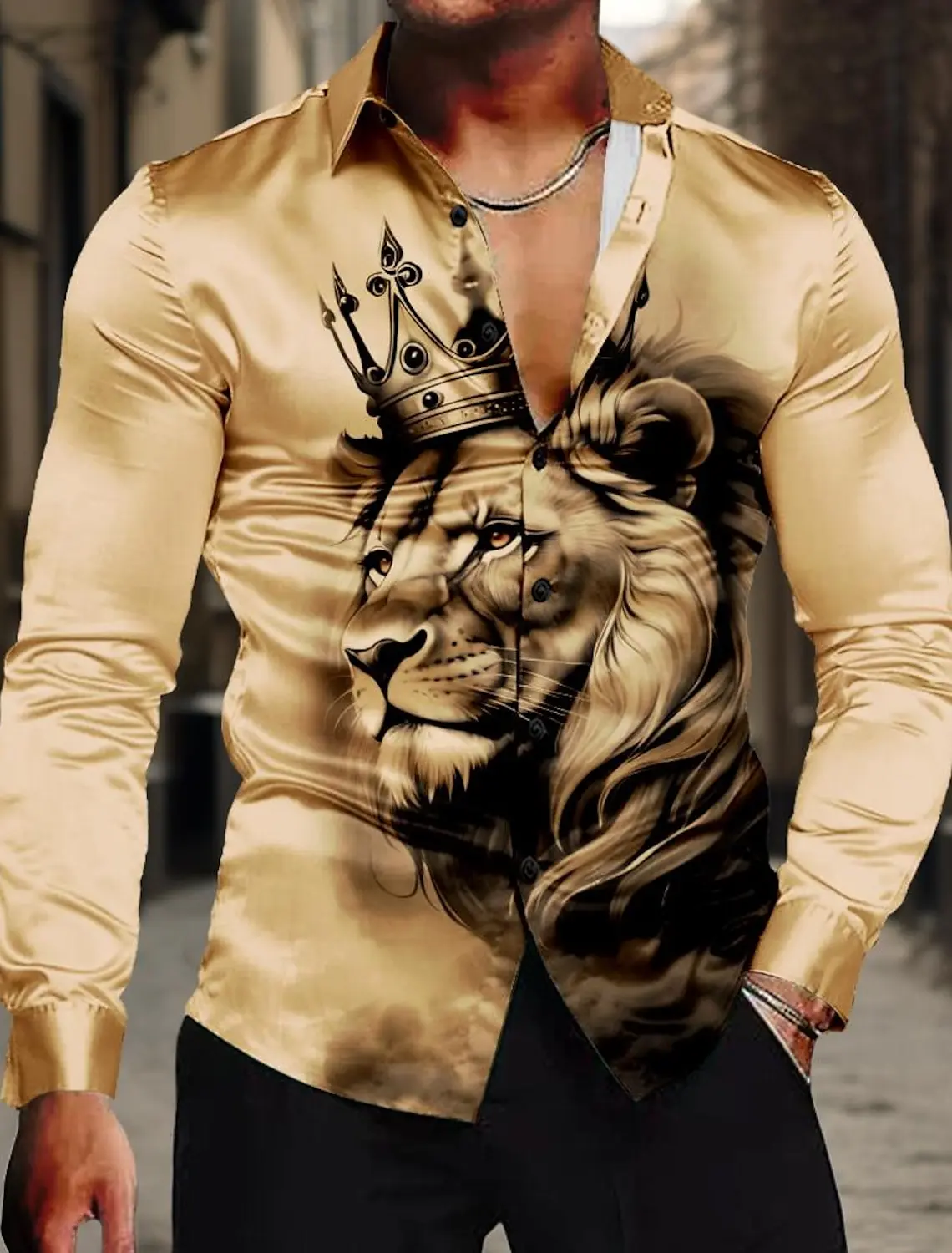 Lion King Casual Men's Shirt Satin Artificial Silk Formal Summer Spring Fall Turndown Long Sleeve 4-Way Stretch Fabric Shirt