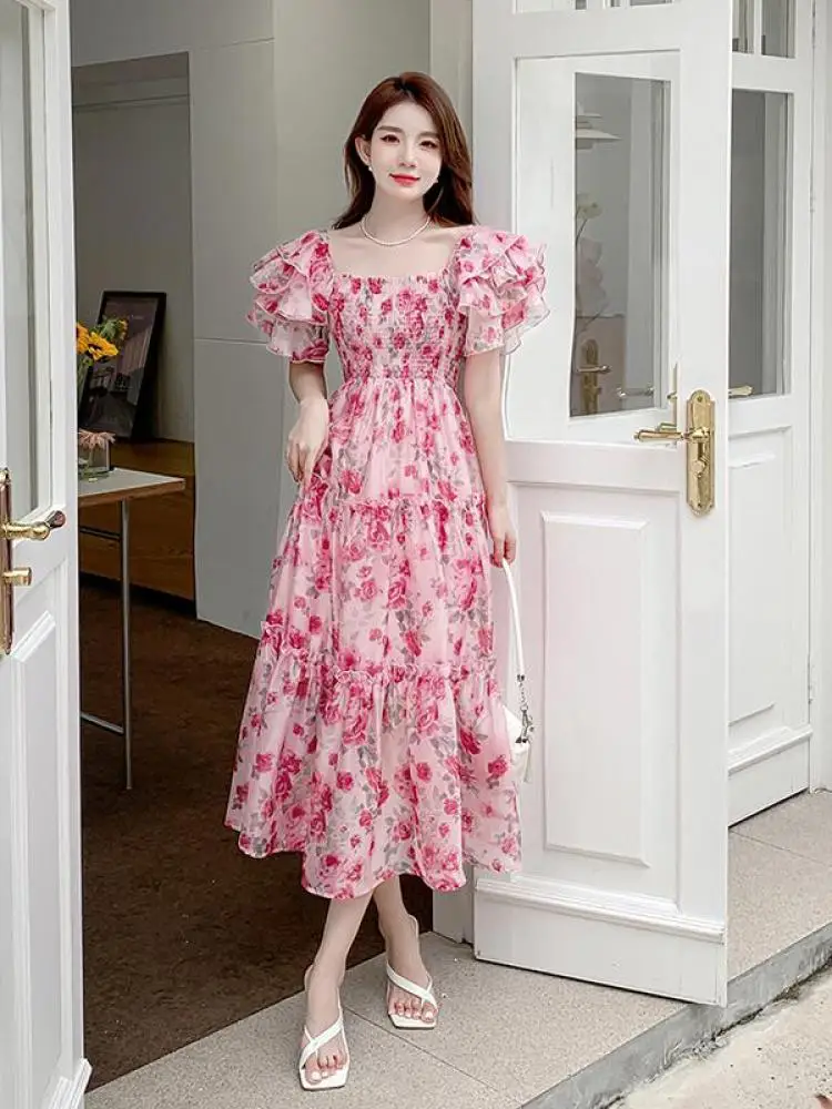 

Summer New Square Collar Pleated Long French Style Butterfly Sleeve Elegant Sweet Print Dress Female Fashion Night Party