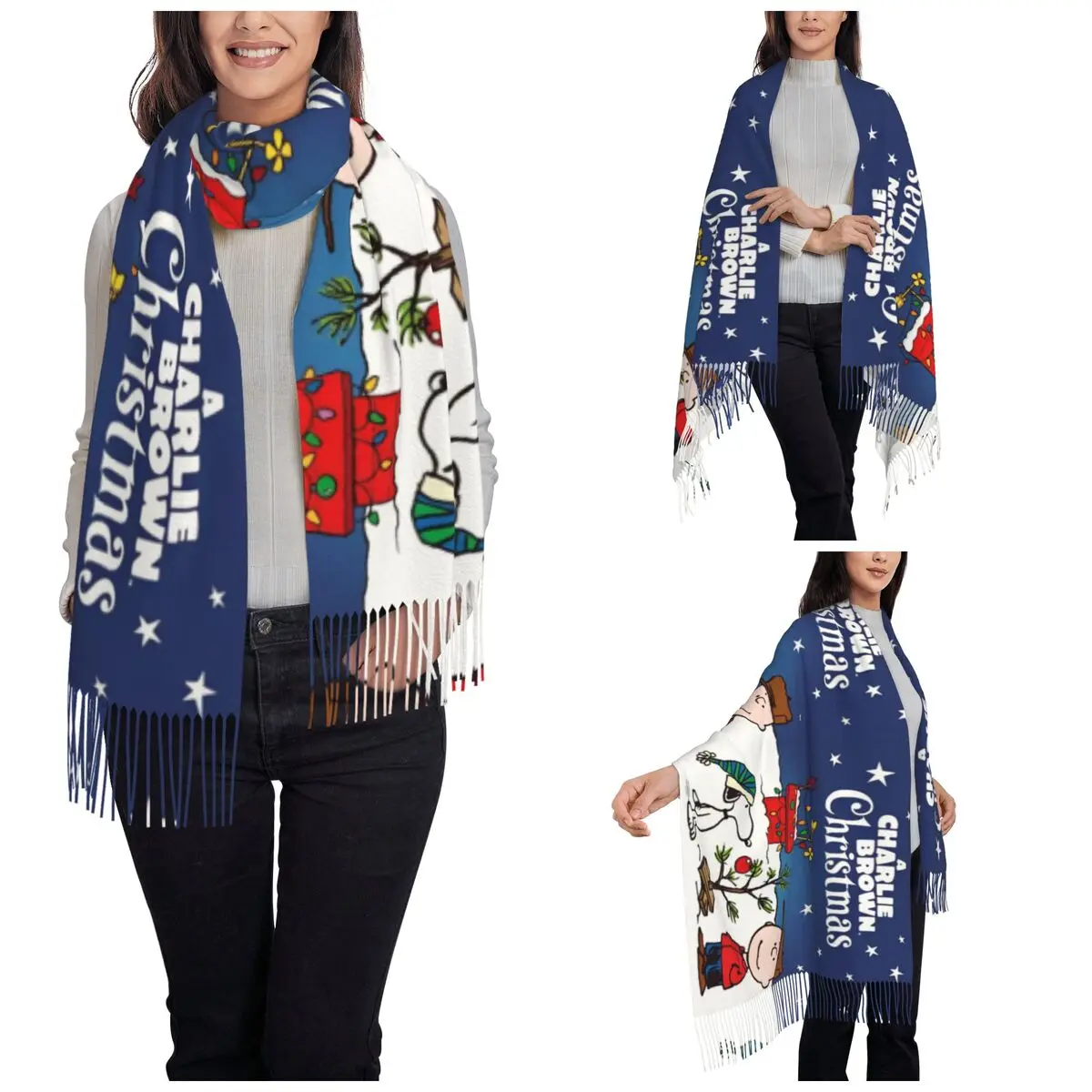 Charlie Brown And Snoopy Christmas Scarf Women's Fall Winter Pashmina Shawls and Wrap Snow Cartoon Comic Long Shawl Scarf Ladies