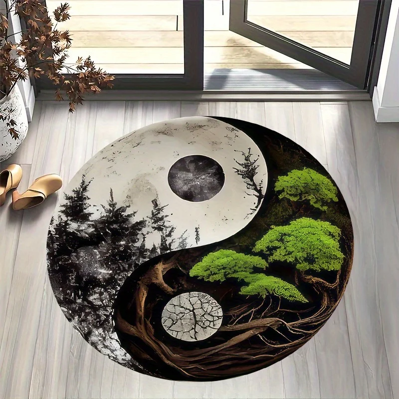 

1pc Taiji-Style Night Scene Round Area Mat - Flannel Soft Cushion, Non-Slip, Machine-Made Polyester Mat with Yin-Yang Design