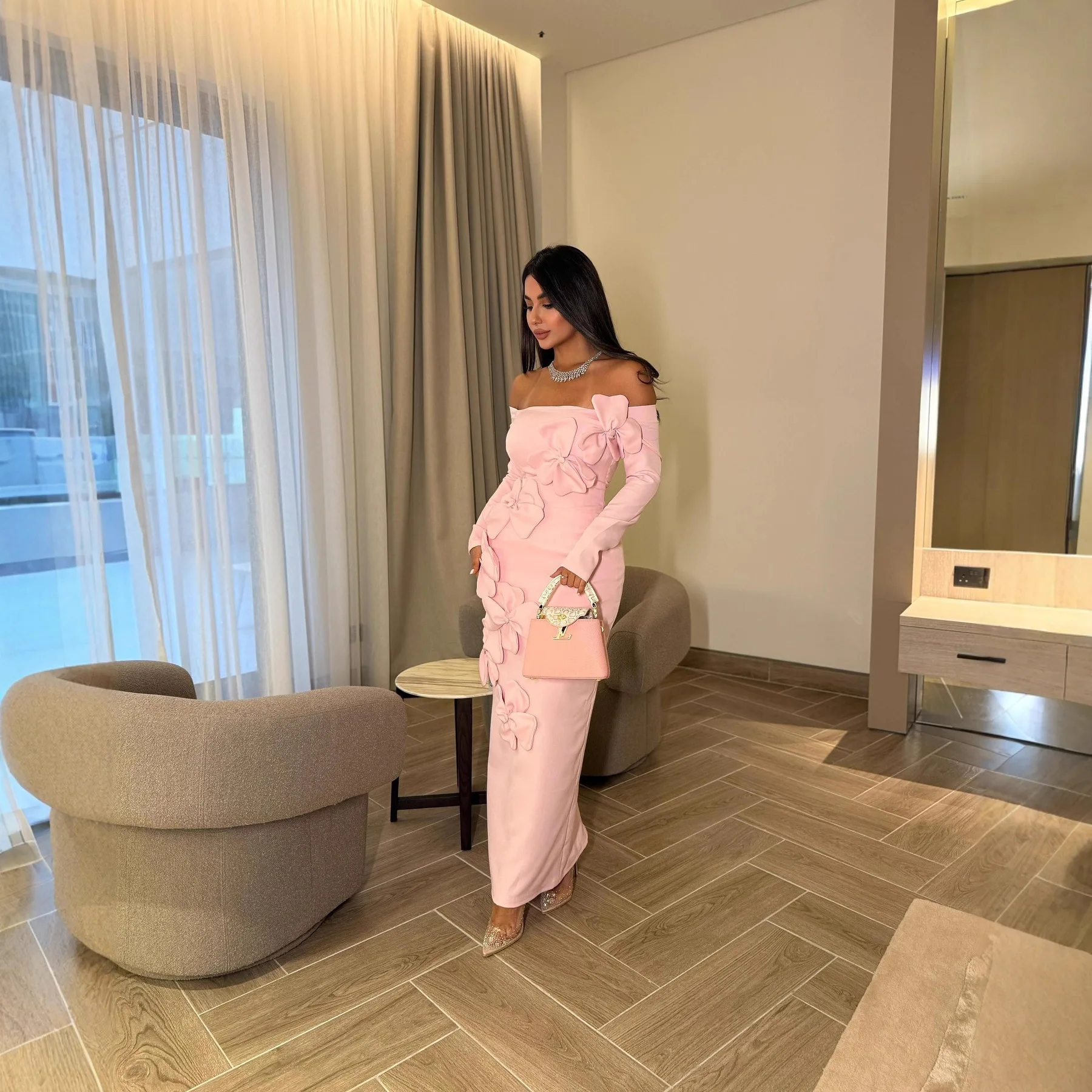 Primavera Verano sin tirantes nuevas mujeres elegante Sexy ceñido al cuerpo tridimensional flor fuera del hombro vestido de manga larga