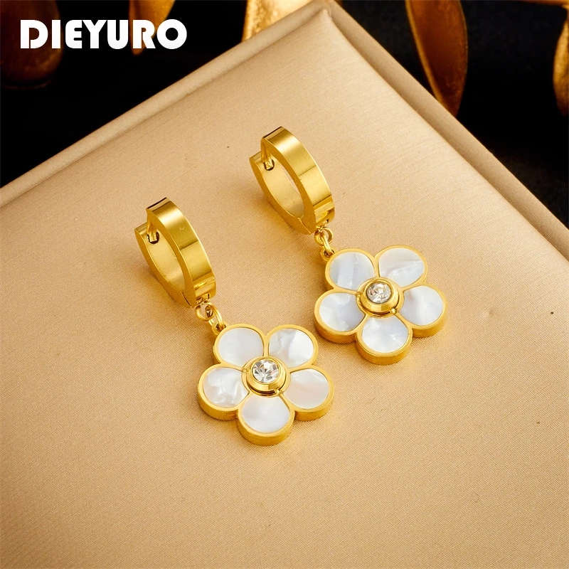 

DIEYURO 316L Stainless Steel Sweet Flowers Pendant Earrings For Women Girl Ear Buckle Fashion New Trendy Jewelry Gift Party