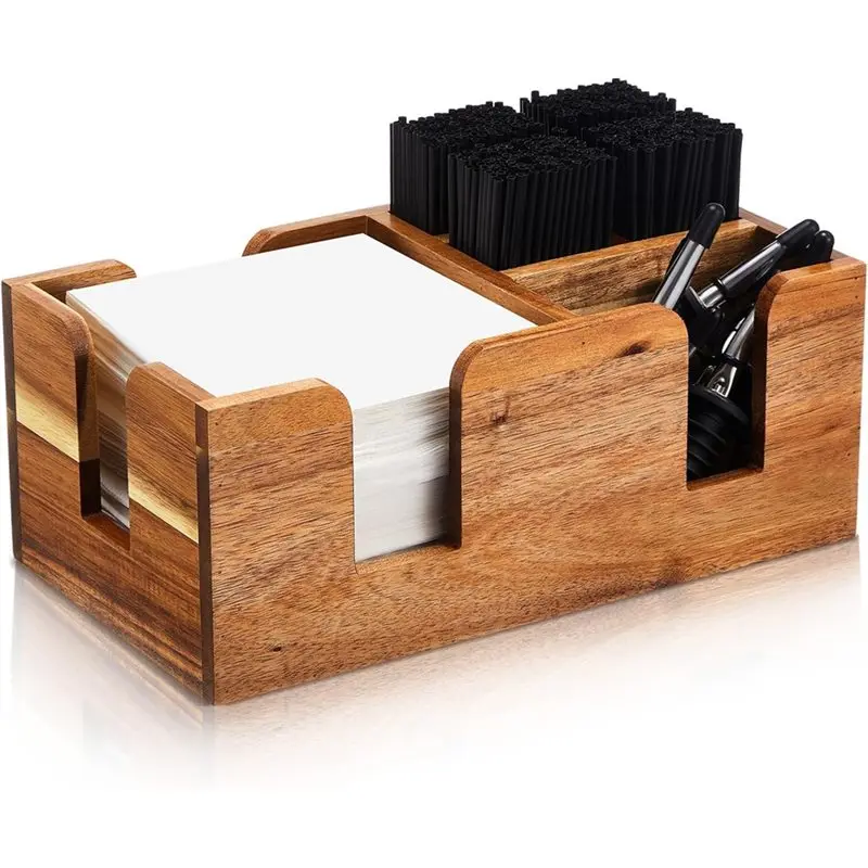 

Fresh Wooden Bar With Acacia Wood Napkin& Straw Organizer, 6 Compartments- Cocktail Napkin Holder Condiments Storage