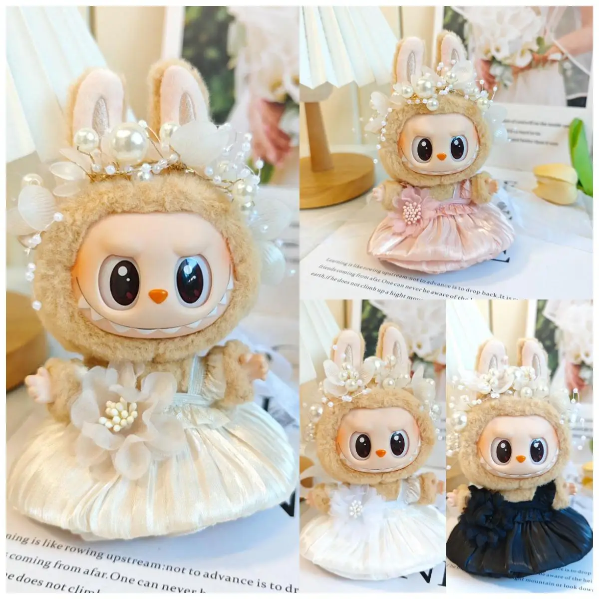 Mini vestiti per bambole in peluche Gonna a bocciolo con accessorio per capelli di perle per bambole idol Labubu I II Regali di abbigliamento fai da te