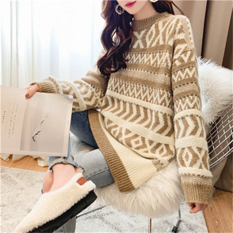 

2024 New Color Matching Thick Sweater Pullover Loose Outer Wear round Neck Idle Mid-Length Korean Style Top for Women