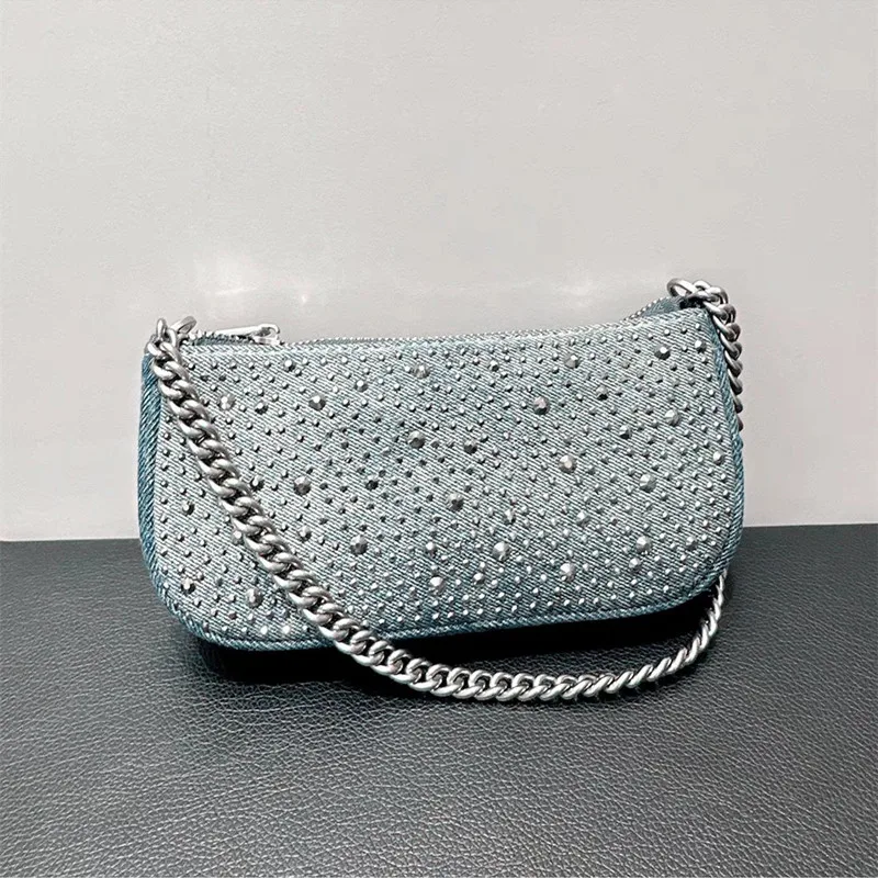 Simple And Fashionable Denim Material With rhinestone Decoration, Retro Style rhinestone Baguette Shoulder Armpit Chain Bag