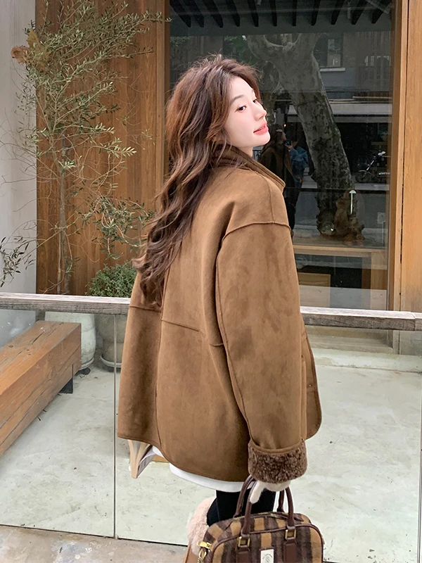 Dwustronny płaszcz damski z karmelowej skóry, ocieplany futrem jagnięcym, idealny na jesień i zimę, ciepły, bawełniany.