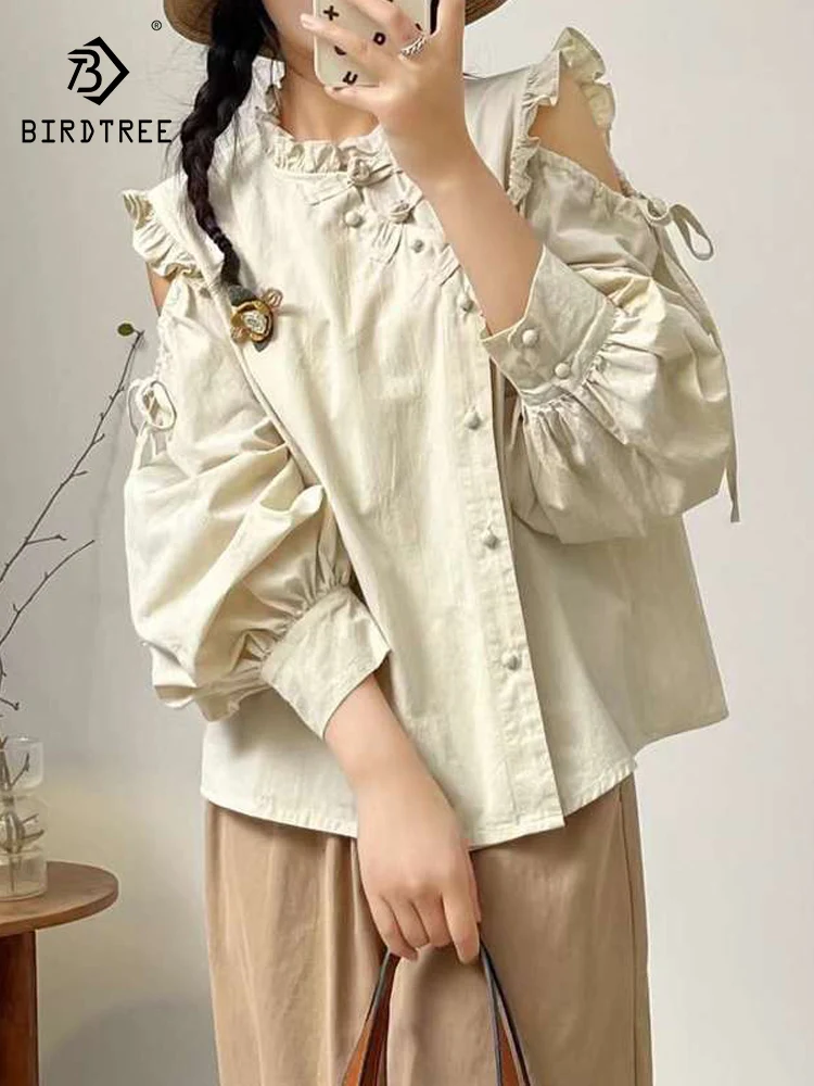 

Новая женская хлопковая блузка с длинным рукавом, весна 2026, с рюшами и открытыми плечами, в стиле Mori Girl, французский милый преппи-стиль, свободная блузка T62025CC