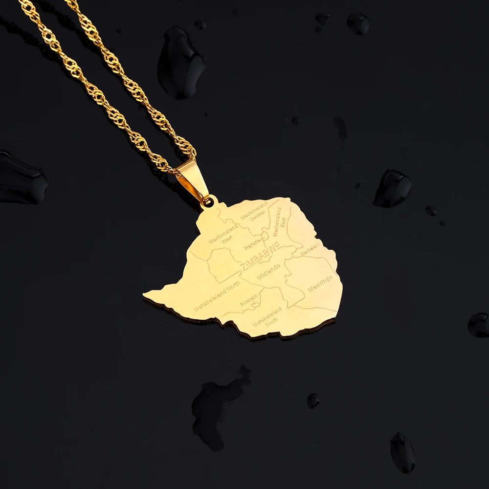 Mode Simbabwe Karte Stadt Anhänger Halskette Edelstahl Gold Silber Farbe Männer Frauen Afrika Karte Schmuck Geschenk – Detail 3