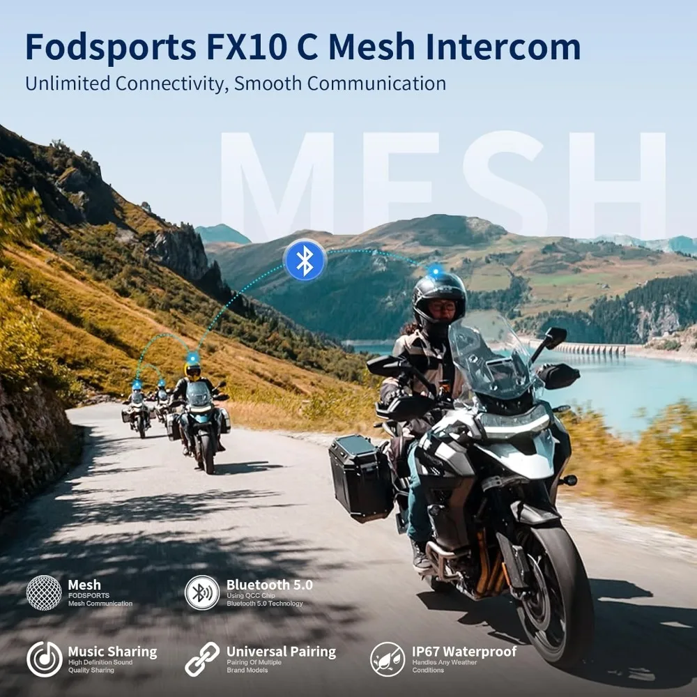 Bluetooth Mesh Intercom,FX10C Motorcycle Bluetooth Headset with Music Sharing,2 Riders Bluetooth intercom Communication System