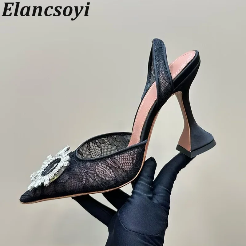 Banquet Shoes Shiny Rhinestone High Heels Sandals Women Mesh Pointed Toe Thin Heels Back Strap Sandalias Summer Party Shoes