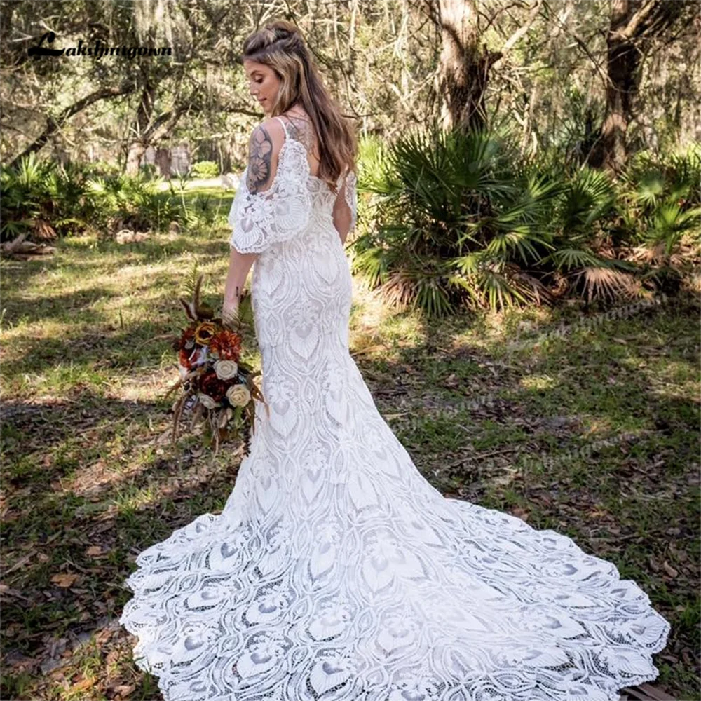 Vintage Zeemeermin Trouwjurk Kant Blote Schouder Mouwloos V-hals Sweep Trein Bescheiden Vrouwen Formele Bruidsjurken Robe De Mariée