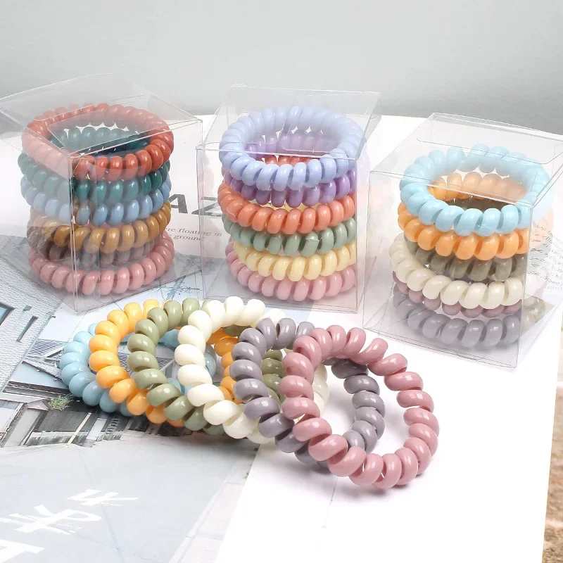 YHJ 6Pcs/set Candy Color Telephone Wire Elastic Hair Band Spiral Cord Rubber Band Hair Tie Stretch Hair Bands Scrunchies women