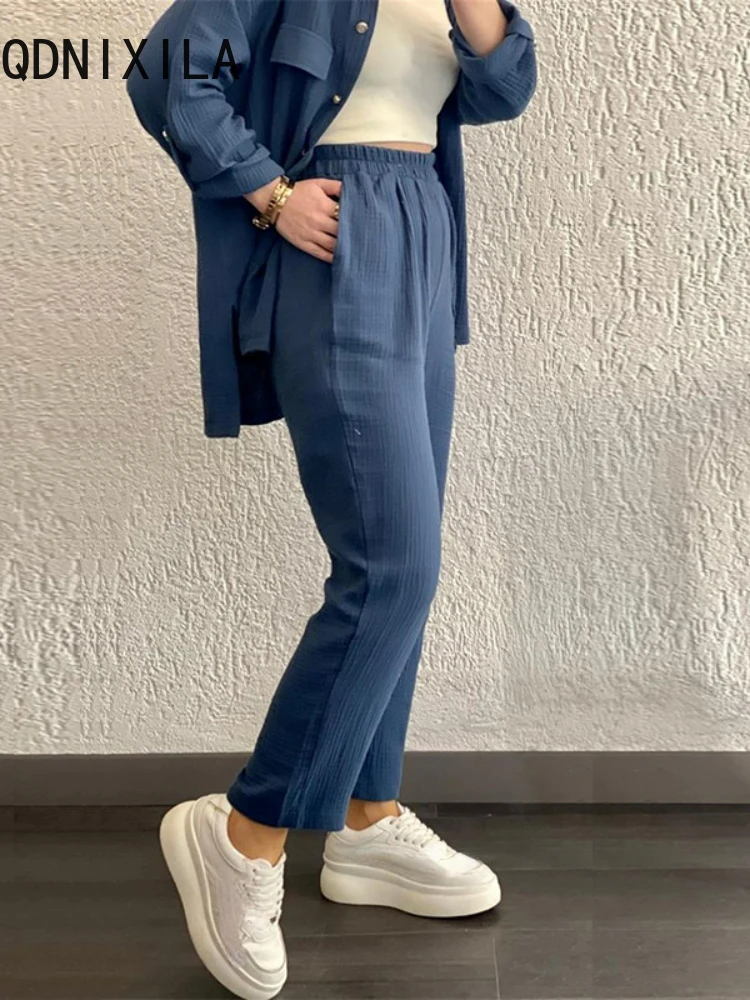 2 Piece Sets Womens Outfits Loose Fitting Long Sleeved Shirt Wide Leg Pant Sets Spring New Oversize Cardigan Casual Women Suits