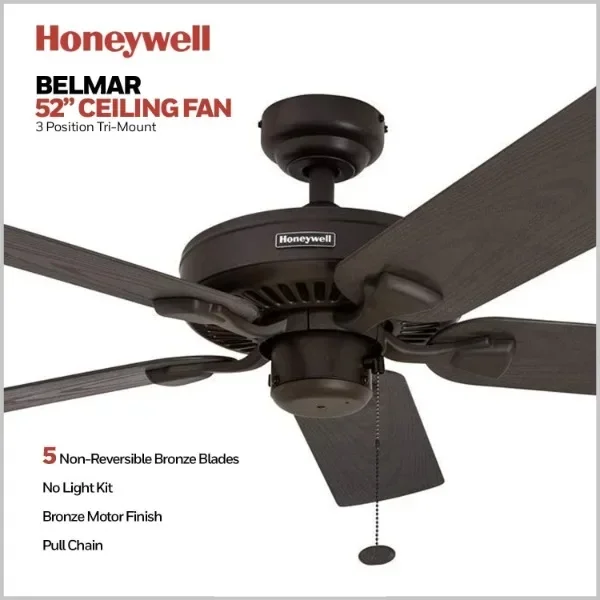 Honeywell Ceiling Fans Belmar, 52 Inch Traditional Indoor Outdoor LED Ceiling Fan with No Light, Pull Chain