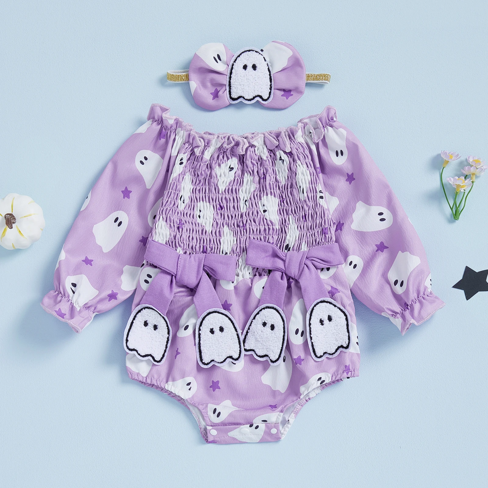 

SUNSIOM 0-18 Months Baby Girls Bubble Romper Halloween Pumpkin/Ghost Print Long Sleeve Smocked Jumpsuit with Headband