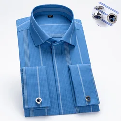 Camisa masculina de punho francês gola Windsor, manga comprida, negócio de luxo, smoking formal masculino com abotoaduras, festa de casamento