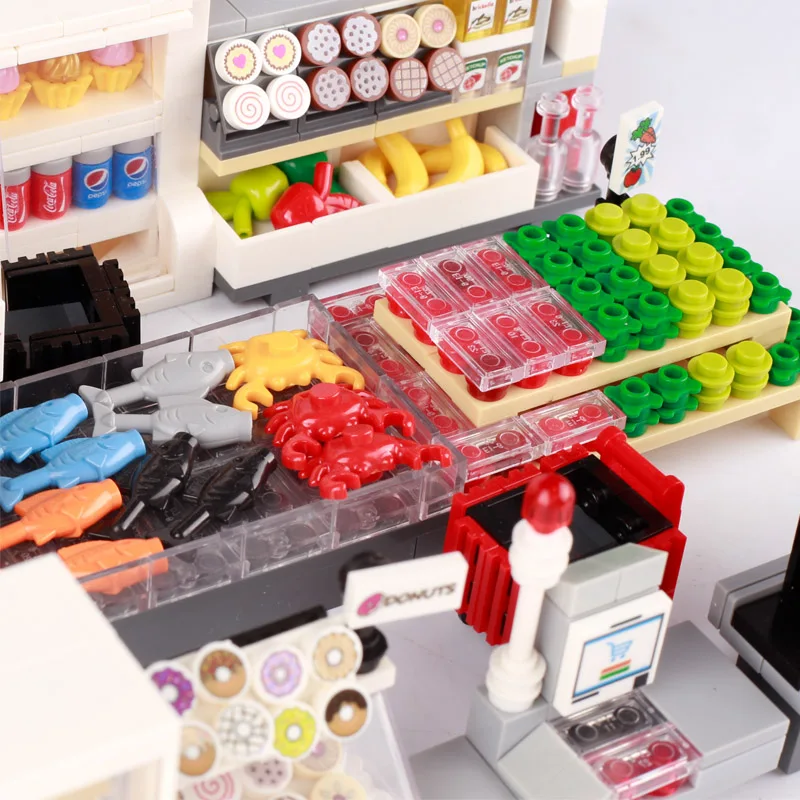 MOC City Supermarket Building Blocks Shopping Cart  Checkout Counter Drink Shelf Produce Section Bakery Bricks Toys Boys Gift