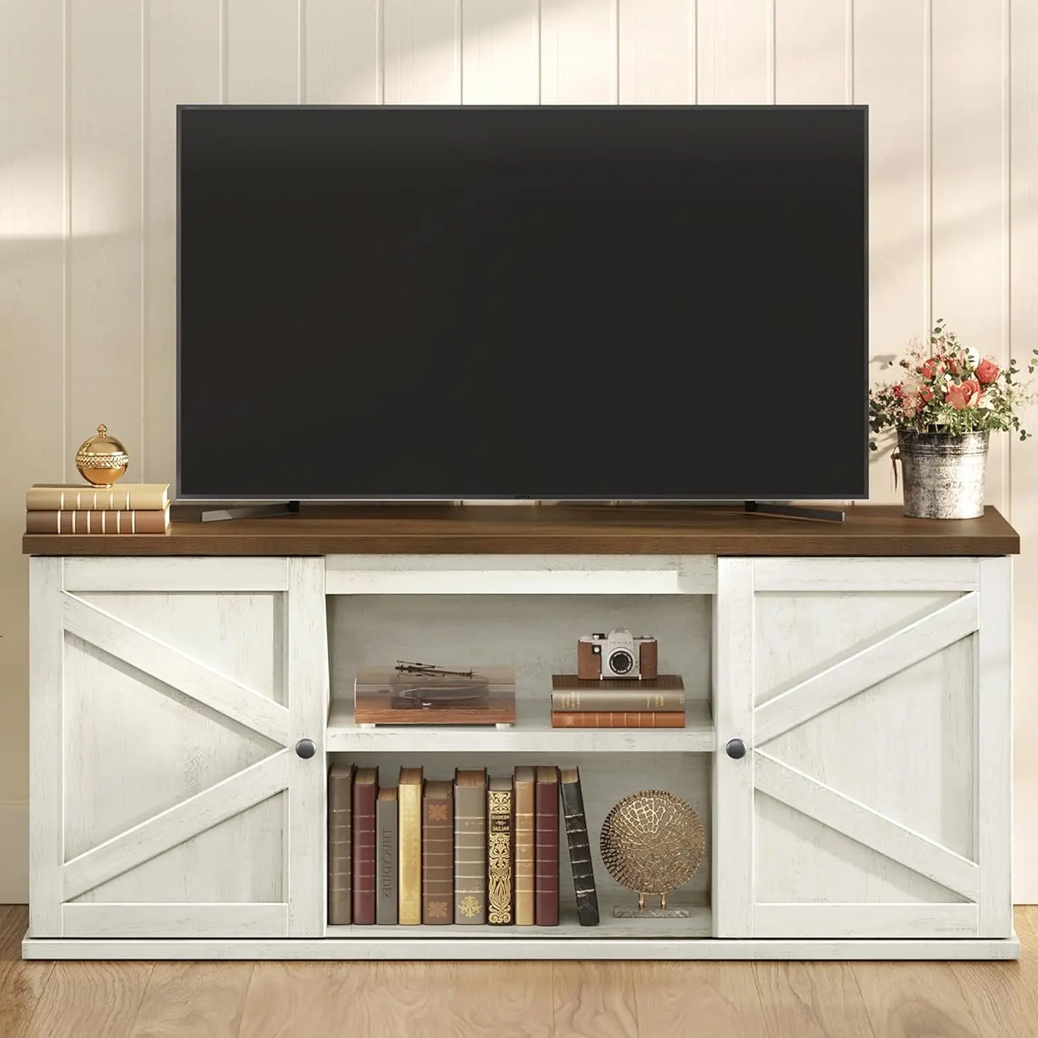 

Farmhouse TV Stand for TVs up to 65 Inches,Entertainment Center with Storage Cabinets and Sliding Barn Doors,Media Console Table