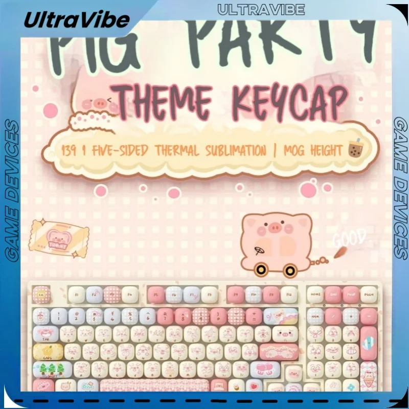 Pig Party Theme Keycaps, Material Pbt, Five-Sided Calor Sublimation, Cute Cartoon, Teclado Mecânico, 139 Key, Mog Altura