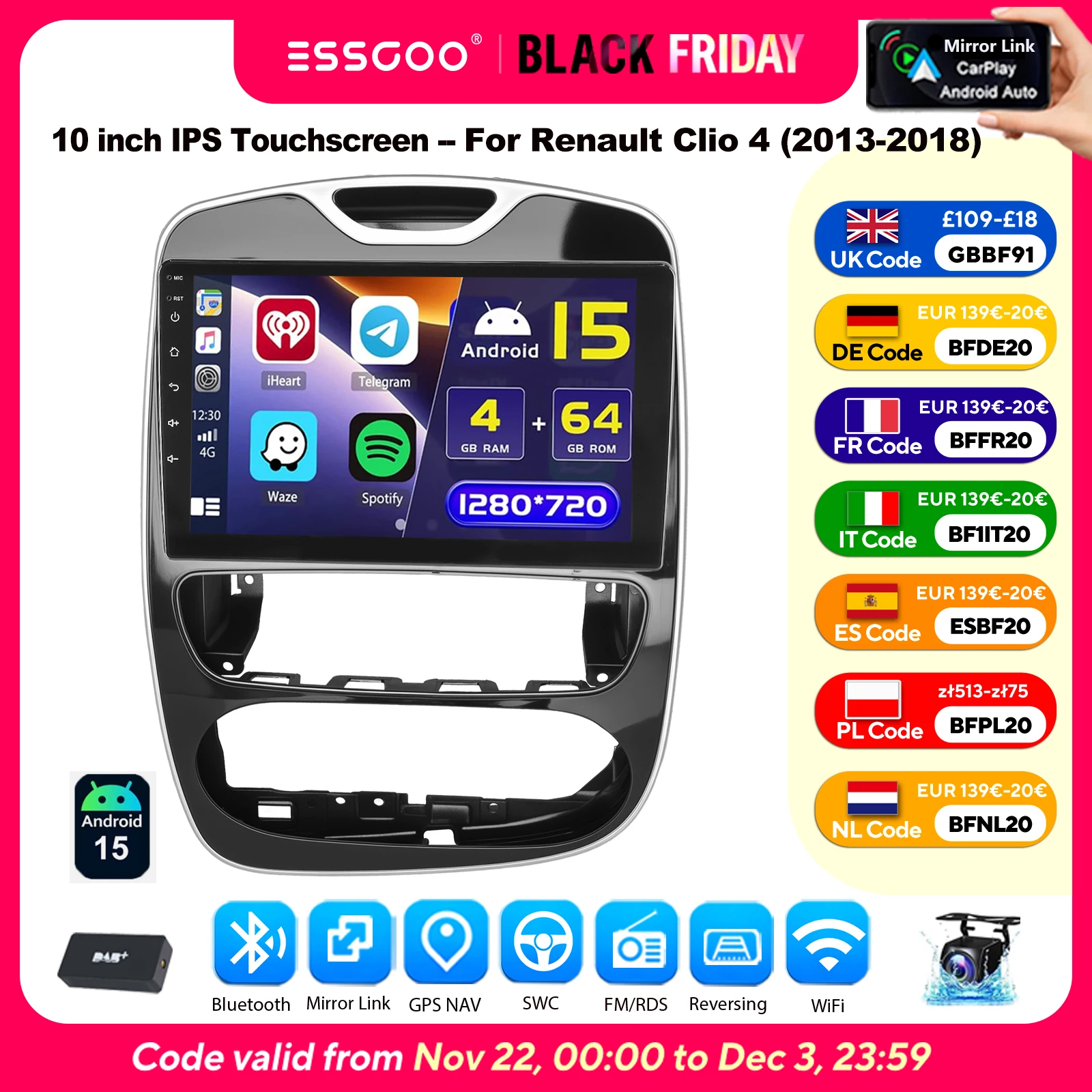 Autoradio ESSGOO Android 15 10" 4+64 GB CarPlay Wireless Navigazione GPS Bluetooth Touchscreen Controlli al Volante/WiFi/RDS/USB/AM/FM per Renault Clio 4 2012-2019 CANBUS Mirror Link Android Auto 2+32