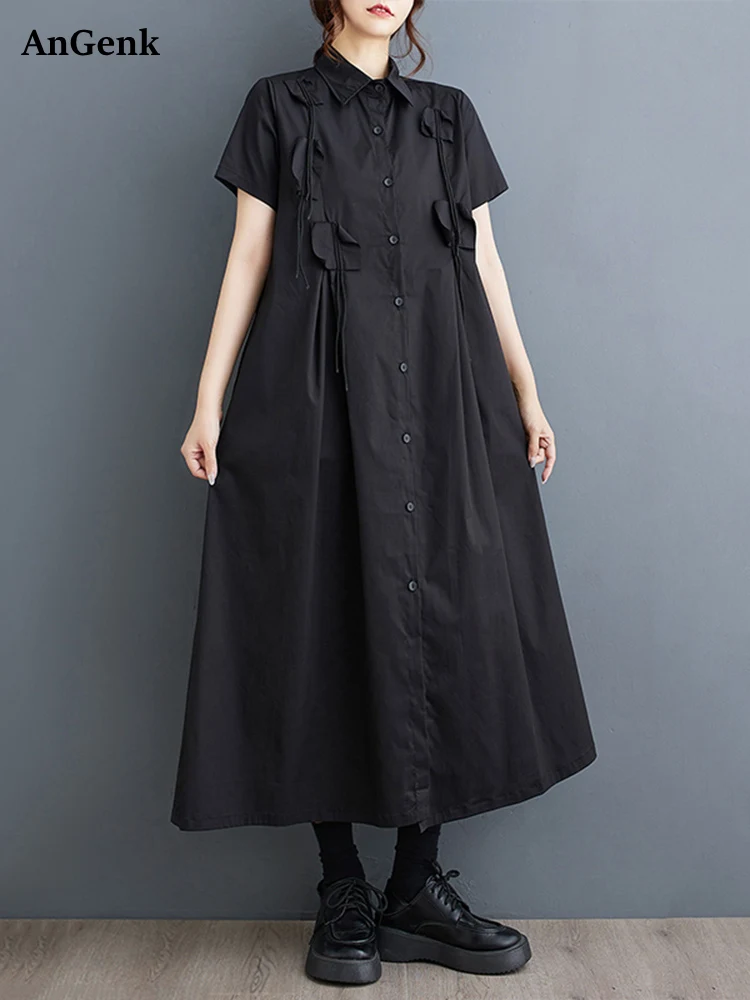 

Женское винтажное платье-рубашка, черное свободное Повседневное платье с коротким рукавом, элегантная одежда в Корейском стиле, Новинка лета 2024