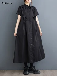 Black Vintage Spliced Shirt Dresses For Women Korean Fashion Short Sleeve Loose Casual Dress Elegant Clothing New Summer 2026