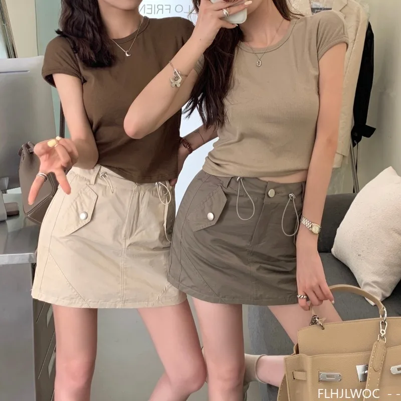 American Retro High-Waisted Drawstring Utility Skirt 2025 Summer Fashion Solid Cute Japan Girls Outfits Date Mini Skirts