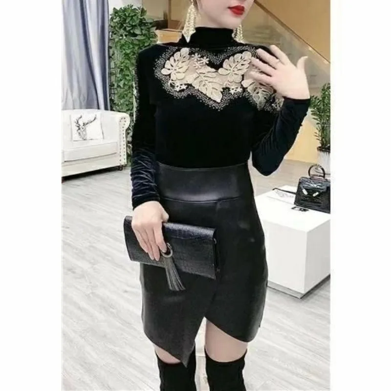 2023 Autumn and Winter Women\'s Flower Half High Neck Long Sleeve Underlay Embroidery Hollow Out Fashion Casual Formal Tops