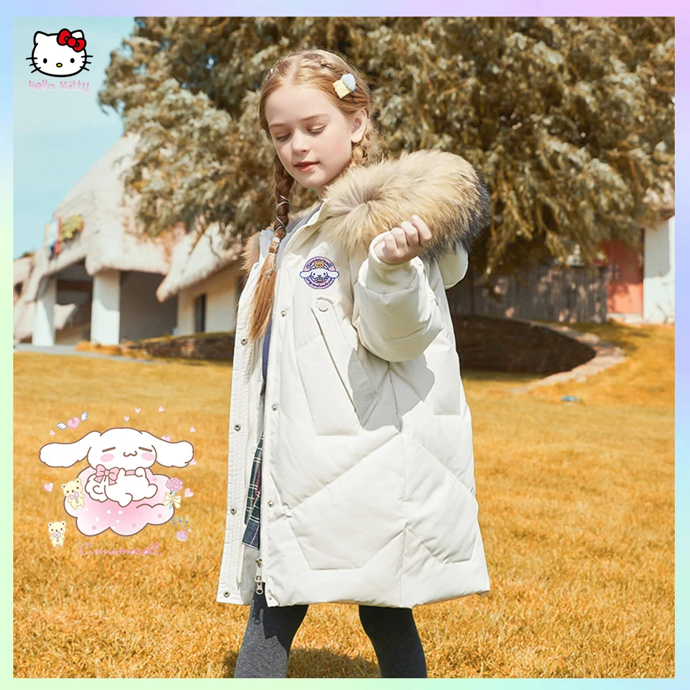 

Anime Sanrios Winter Cinnamoroll Kuromi Down Jacket for Grils Hello Kitty Big Fur Collar Teen Long Thicken Warm Down Jackets