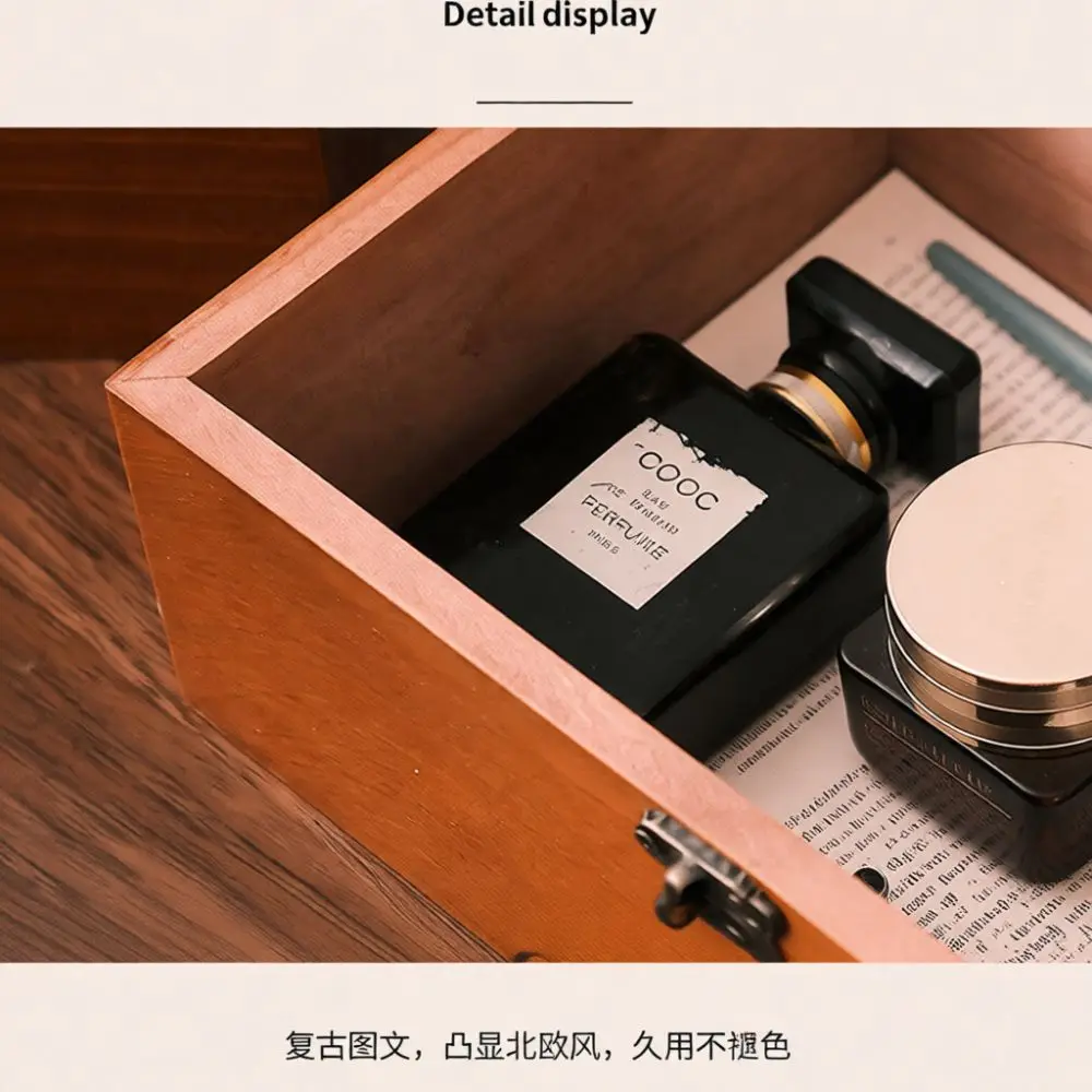 Vintage Style Wooden Desktop Organizer Lockable Jewelry Box Retro Cosmetics Storage Case Decorative Small Timber Chest Holder