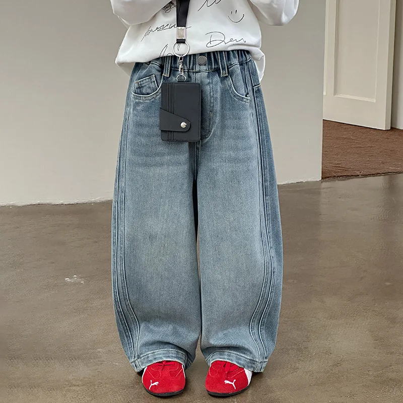 

UNITIM Kids Baby Girls Jeans Patchwork Thicken Warm Children 1-12Y Girls Wide Leg Pant New Winter Fashion Infant Girl Demin Pant