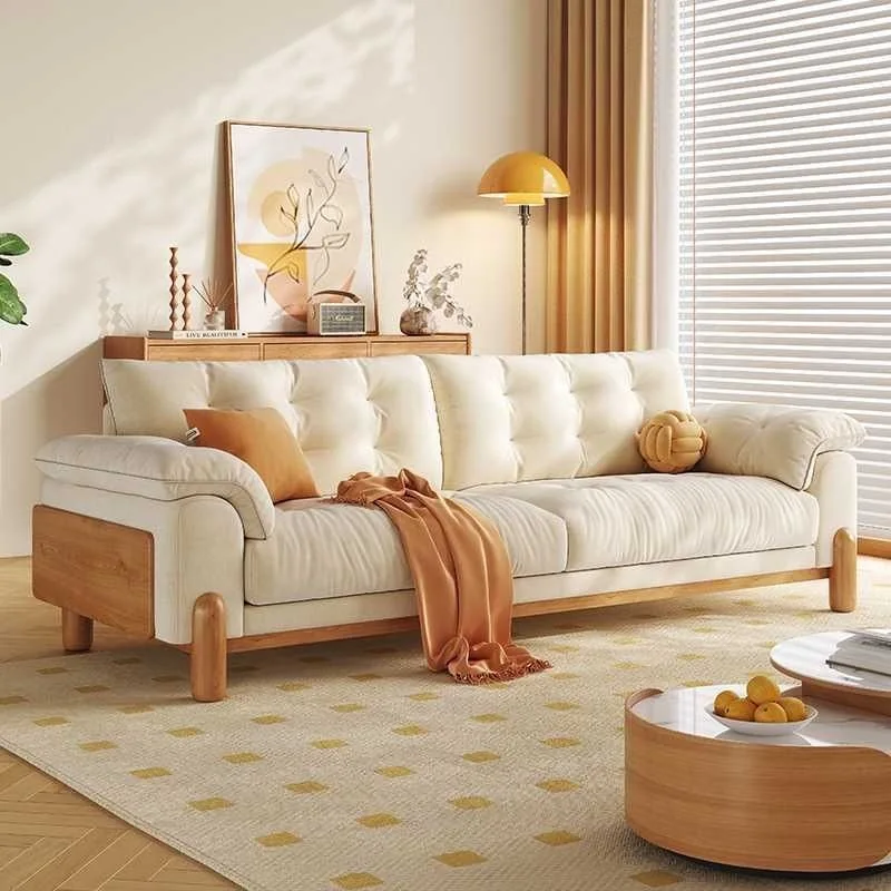 

Log cloud sofa Japanese straight row cream small apartment modern simple living room solid down latex sofa