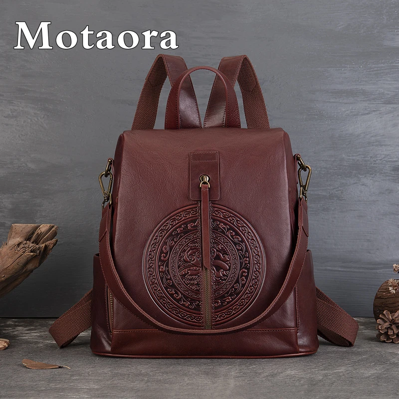 Motaora nova mochila de couro artesanal para mulheres grande capacidade bolsa de couro genuíno retro viagem bolsa de ombro mochila