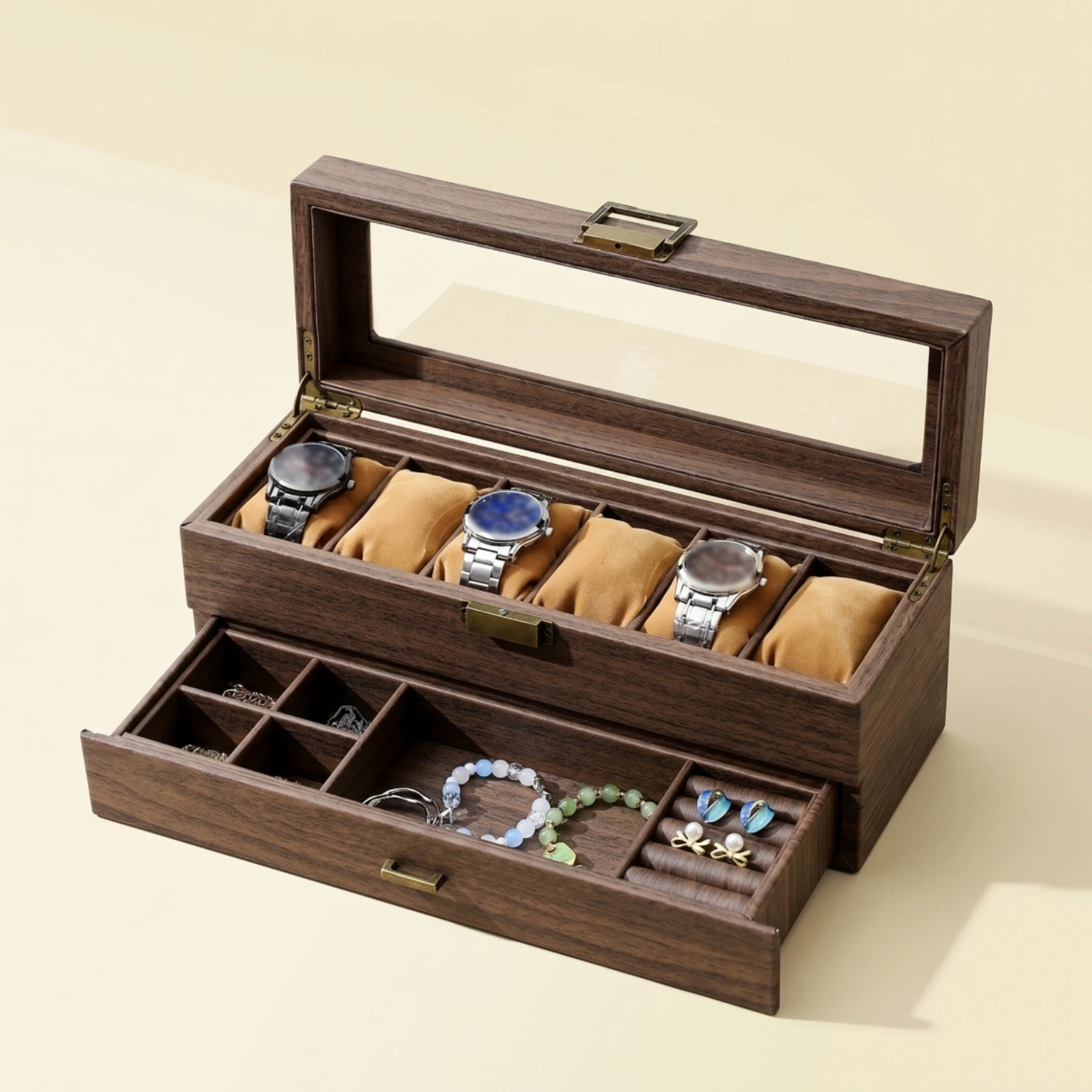 Watch Display Case with Glass Lid 6-Slot Watch Box with Drawer Jewelry Drawer Organizer Wooden 2-Layer for Dresser, Bedroom