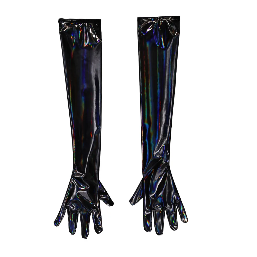 Laserowe błyszczące długie rękawiczki z PVC PU Faux Leather Cosplay rękawiczki z pięcioma palcami wydajność Punk Gothic Clubwear akcesoria imprezowe rękawica