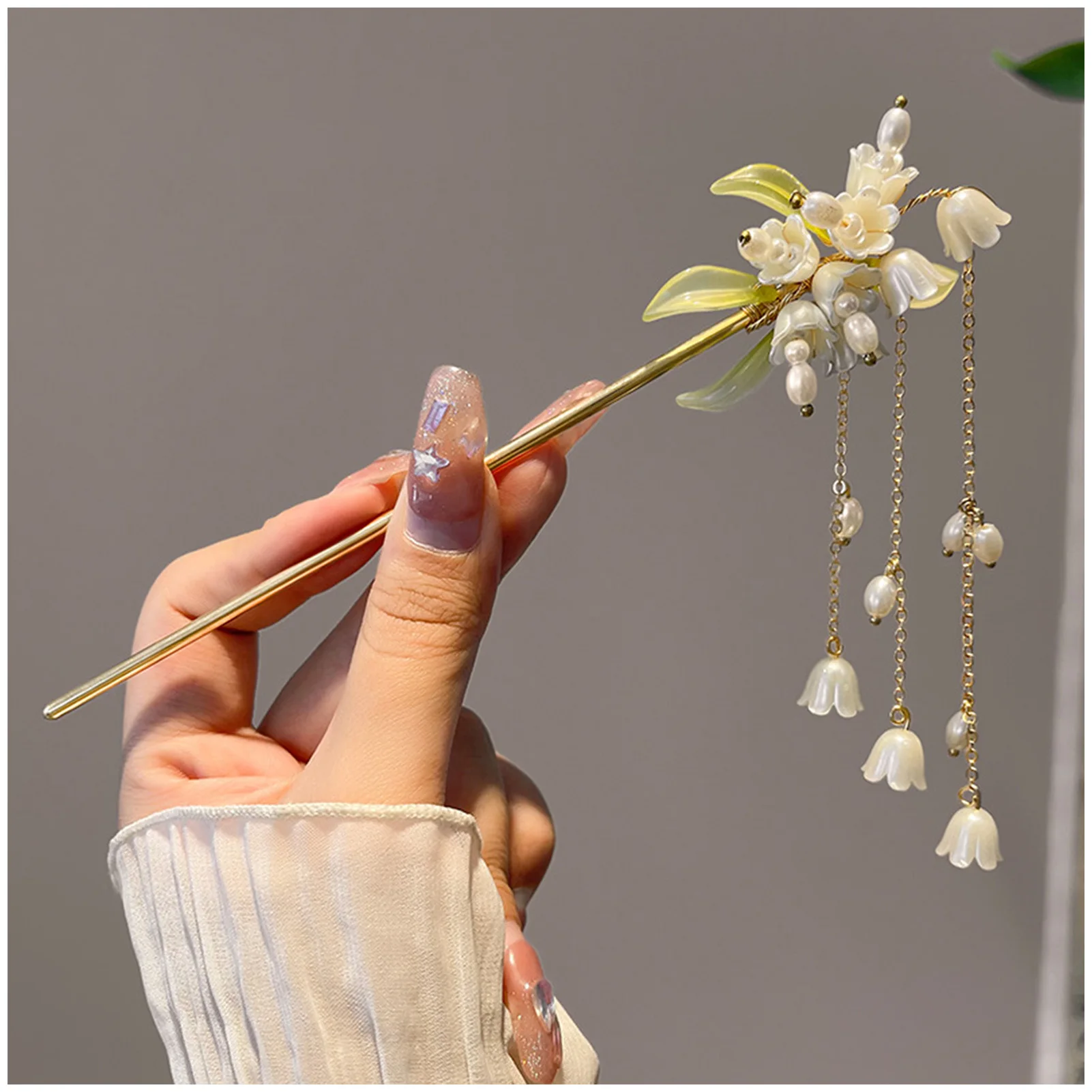 Image of Glockenorchideen-Perlen-Haarnadel mit Quaste, Chinesischer Hanfu-Haarstab, Schwingender Kopfschmuck, Chinesischer Hanfu-Schmuck für Frauen