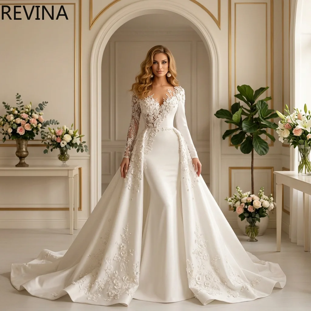 

Elegant Mermaid Wedding Dress with Long Sleeves Lace Decals Detachable Overskirts Customized Bridal Gown Vestidos De Novia