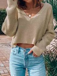 Women's sweaters v-neck short-style pullover waffle crop top fashion sweater spring and autumn