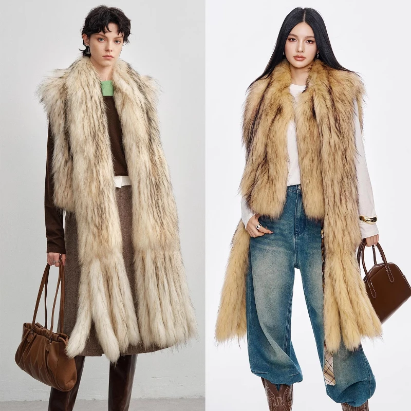 욜란페어리 리얼 라쿤 퍼 베스트 여성용 겨울 브레이디드 슬리브리스 스트레이트 튜브 스타일 숏 길이 퍼 코트 여성용 코트 2025