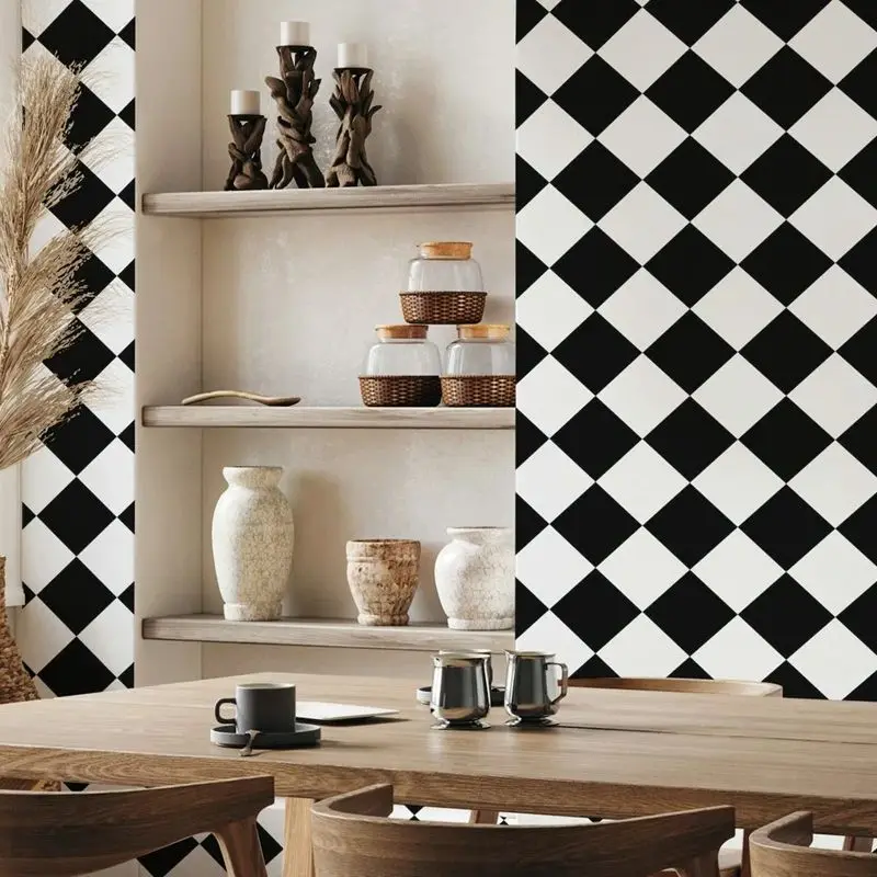 Black Checkered Wallpaper Peel and Stick,Non woven Wallpaper - PVC-Free -Geometric Self-adhesive Wallpaper For Room Decoration