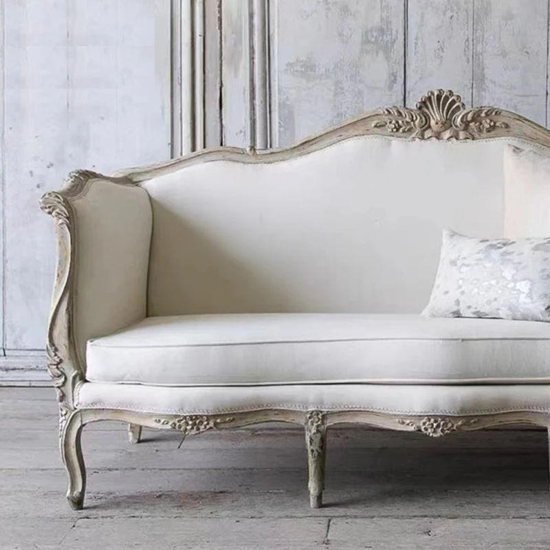 

American Wood Carved Sofa Villa Light Luxury French Distressed Fabric Sofa