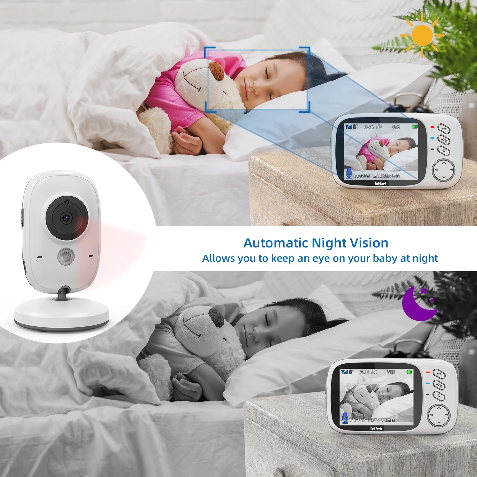 TakTark 3.2 Inch Wireless Video Baby Monitor With Lullabies Auto Night Vision Two Way Intercom Temperature Monitoring Babysitter