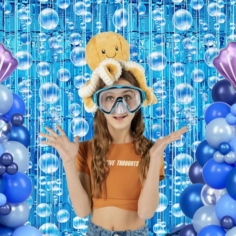 Under The Sea Party Decorations 2 Pcs Blue Bubble Garland Streamers Tinsel Foil Fringe Curtain Backdrops for Mermaid Ocean Beac