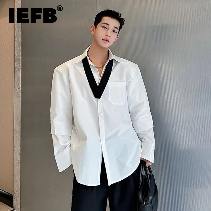 IEFB Korean Style Shirts Double Layered Cuffs Shoulder Pads Men's Top Patchwork Turn-down Collar Male Chothing Autumn New 9C5240