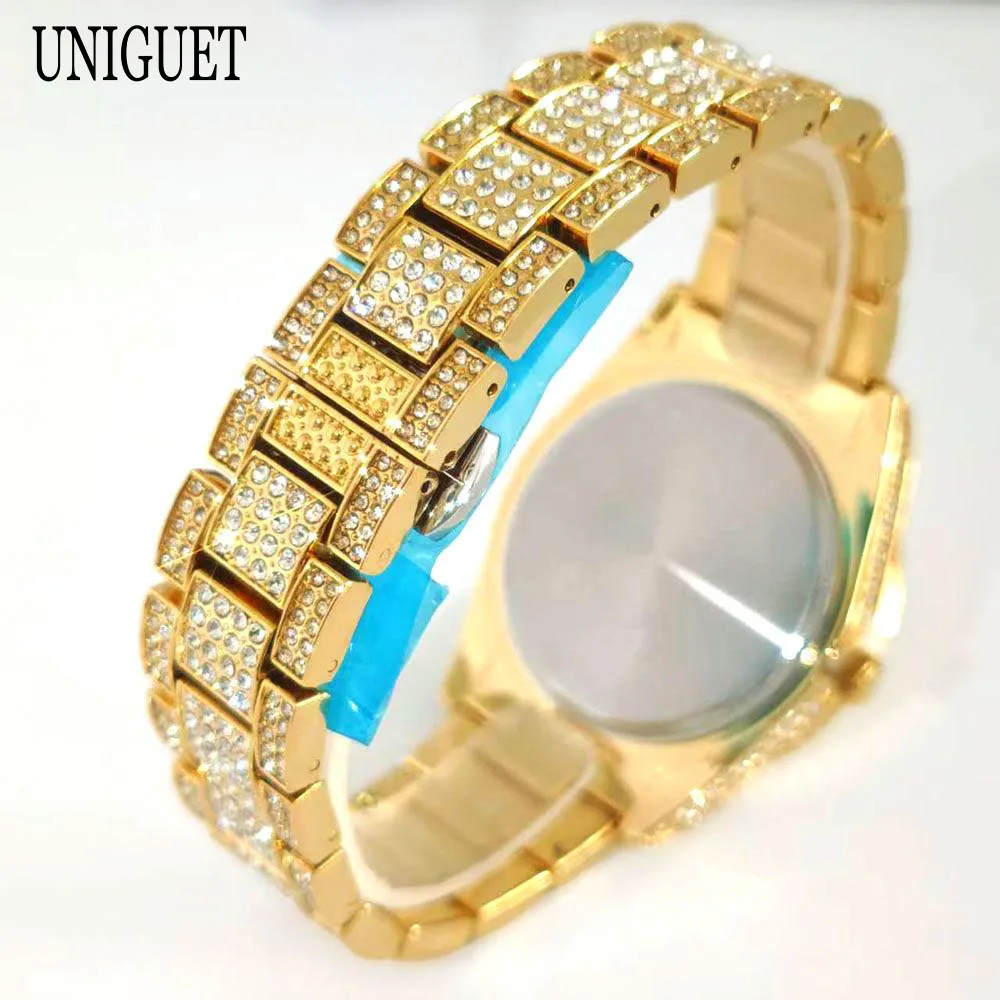 Fashion Ice Watches Men Brand UNIGUET Luxury Stainless Steel Hip Hop Diamond Bling Jewelry Quartz Wristwatch Male Dropshipping