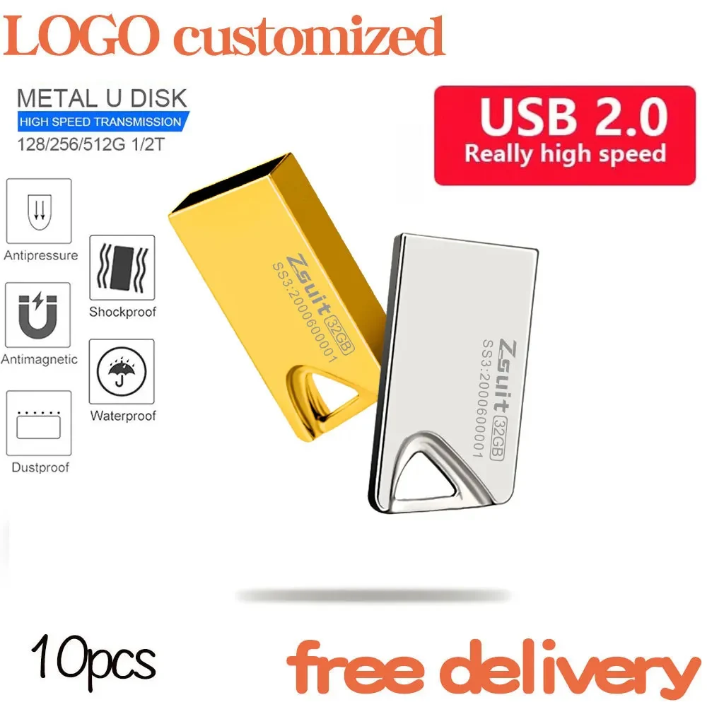 Criativo Mini Metal USB Flash Drive, Gold Pen Drive, Memory Sticks, Logotipo personalizado, Presente do negócio, USB Drives, 64GB, Frete Grátis